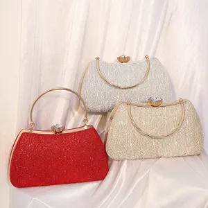 Elegant Lace Evening Bag Vintage PU Leather Handbag Rhinestone Lock Crossbody Bag for Women Wedding Party Banquet Clutch