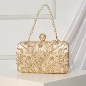 Elegant gold bead embroidered evening clutch bag with pearl handle for wedding bridal qipao