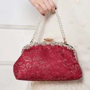 Elegant red lace evening clutch bag with pearl handle for wedding qipao party dress
