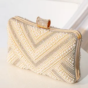 Elegant pearl rhinestone clutch bag for women luxury evening party wedding bridal handbag gold frame