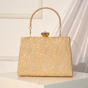 Gold sequin evening clutch bag for women, elegant metallic round handle bridal prom purse.