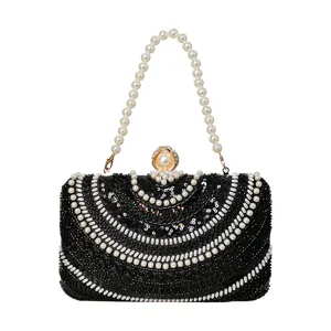 Élégante pochette de soirée noire à sequins avec poignée en perles pour fête mariage banquet robe.