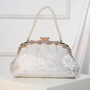Elegant white lace evening clutch bag with pearl handle and rhinestone metal clasp for women.