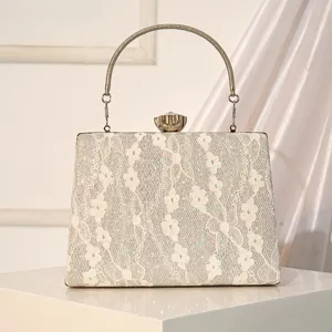 Elegant lace sequin evening bag with metal handle and clasp closure for women formal dress party.