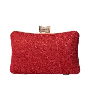 Red lace sequin evening clutch bag elegant banquet handbag with sparkling rhinestone clasp for women