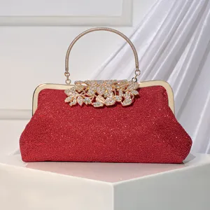 Red rhinestone evening bag, elegant lace clutch purse with gold handle for banquet dress.