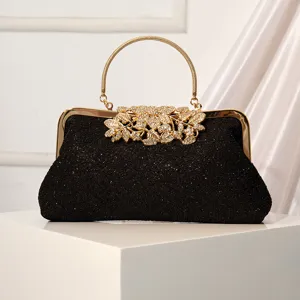 Black glitter evening clutch bag vintage lace rhinestone metal handle handbag for women