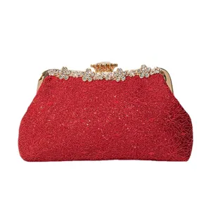 Elegant red lace evening clutch bag with crystal rhinestone clasp for wedding bridal dress.