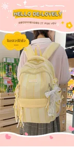 Detailed view of yellow plaid backpack with cute lace bow and tassel pendant, school daily use.