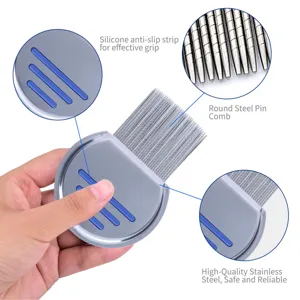 Stainless steel pet flea comb close-up featuring dense round pins and silicone anti-slip grip.
