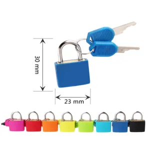 Small colorful brass core padlock with two keys, 23mm width luggage lock variant detail image.