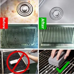 Détail de brique de nettoyage pour barbecue avant et après élimination de la rouille et graisse.