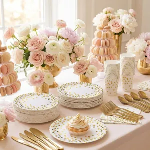 Gold polka dot party paper plates cups and golden cutlery set detail view decoration