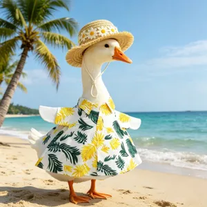 Vue détaillée de la chemise hawaïenne à feuilles tropicales et du chapeau de paille de marguerites.