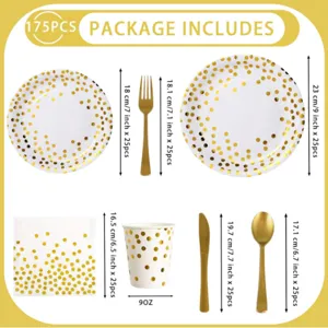 175pcs gold polka dot party tableware set details, including plates, cups, napkins, and cutlery.
