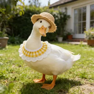 Niedliches Garten-Gans Kostümset mit Mini-Strohhut und gelb kariertem Rüschen-Lätzchen.