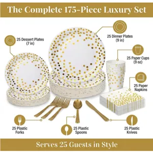 175-piece party tableware set with gold polka dots, including plates, cups, napkins and cutlery.