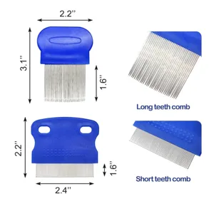 Haustier Flohkamm Set mit Edelstahl Zähnen und blauem Plastikgriff, Größenangaben.