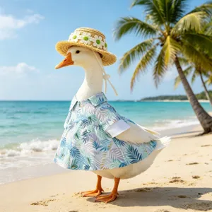 Vue détaillée d'une chemise hawaïenne à imprimé tropical pour oie avec chapeau de paille.