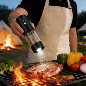 Oplaadbare elektrische pepermolen met LED-verlichting en instelbare maalgraad voor koken.