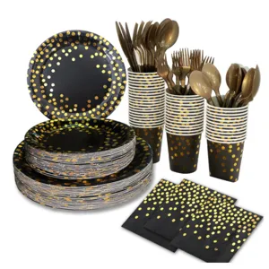 175pcs black gold polka dot party tableware set paper plates cups forks spoons napkins decor