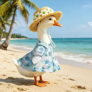 Vue de détail chemise hawaïenne oie de porche chapeau de paille décoration de jardin.