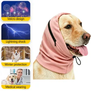 Dog calming hoodie ear cover for noise reduction and anxiety relief during fireworks.
