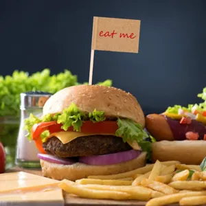 Detailed shot of kraft paper toothpick flags for burger and party dessert decor.