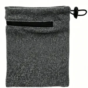 Grey fleece pouch detail view showing black zipper and adjustable drawstring cord lock.
