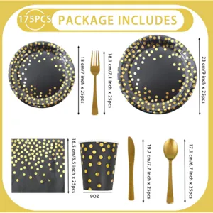 175pcs black gold polka dot party tableware set disposable paper plates cups cutlery decor
