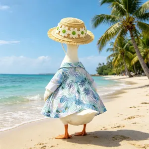 Vue détaillée de la tenue hawaïenne pour oie de porche 23 pouces avec chapeau de paille marguerite.