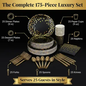 Detailed view of the 175-piece black and gold polka dot party tableware set components.