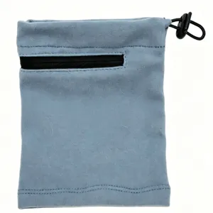 Small light blue zippered storage pouch with black drawstring and front pocket for daily use.