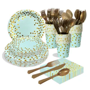 175pcs party tableware set light blue gold dot paper plates cups napkins forks knives spoons
