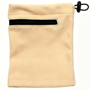 Detailed view of beige dog calming hood with zipper and adjustable drawstring for noise reduction.