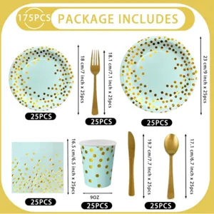 175pcs party tableware set with light blue and gold polka dots, plates, cups, cutlery for events.