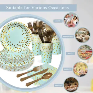 175pcs party paper plates set with gold polka dots, perfect for birthdays and events.