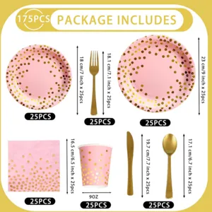 175pcs pink gold polka dot party tableware set disposable plates cups napkins cutlery