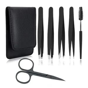 Professional Stainless Steel Eyebrow Tweezers Set With Precision Scissors Brush Leather Case Facial Hair Removal Tools