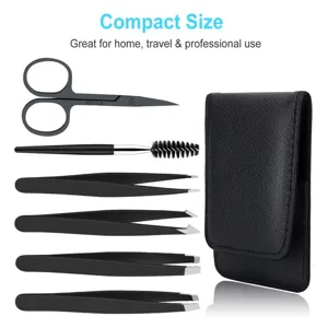 Professional 6-piece eyebrow tweezers set with curved scissors and brush for precise grooming.