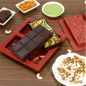 Silicone Dubai chocolate mold for making rectangular filled chocolate bars and pistachio treats.