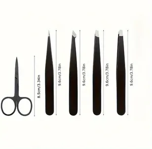 6-piece black stainless steel eyebrow tweezers set with curved beauty scissors for grooming.