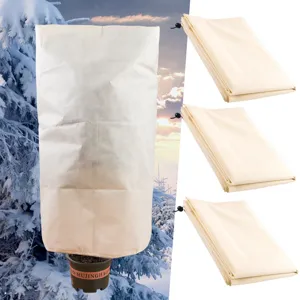 Winter plant frost protection cover with drawstring, breathable fabric details and usage scene.