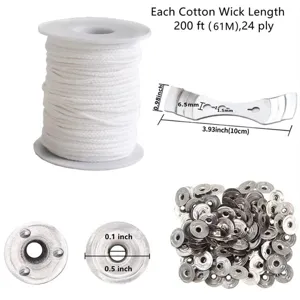 Candle wick spool and metal centering device detail view showing 200ft length and wick tabs.