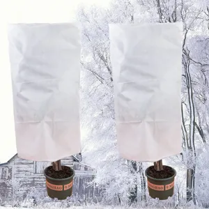 Plant frost protection cover detail showing white non-woven fleece material in winter scene.