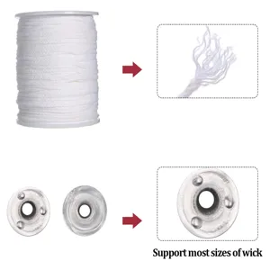 Braided candle wick spool and metal bases set for DIY craft candle making details view.