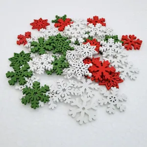 Wooden snowflake buttons in red, green and white, ideal for DIY Christmas crafts and decor.