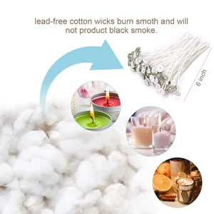 Detail view of DIY candle wicks with metal base and natural cotton for handmade scented candles.