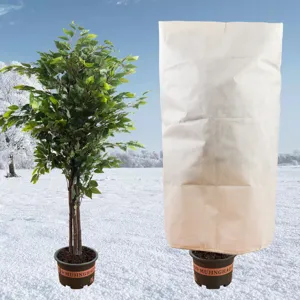 Plant frost cover detail view, breathable winter protection fabric for outdoor potted plants.
