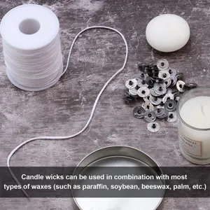 Candle wick and metal sustainer tabs kit for DIY craft candle making, cotton thread and bases.